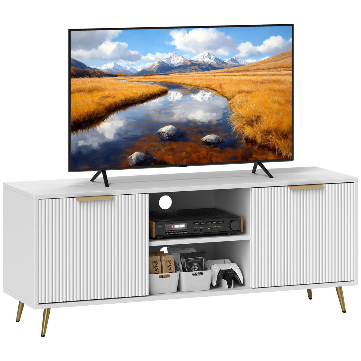 HOMCOM Modern TV Stand Cabinet for TVs up to 55", TV Unit with 2 Open Shelves and 2 Cabinets, Entertainment Centre with Cable Management for Living Room, White