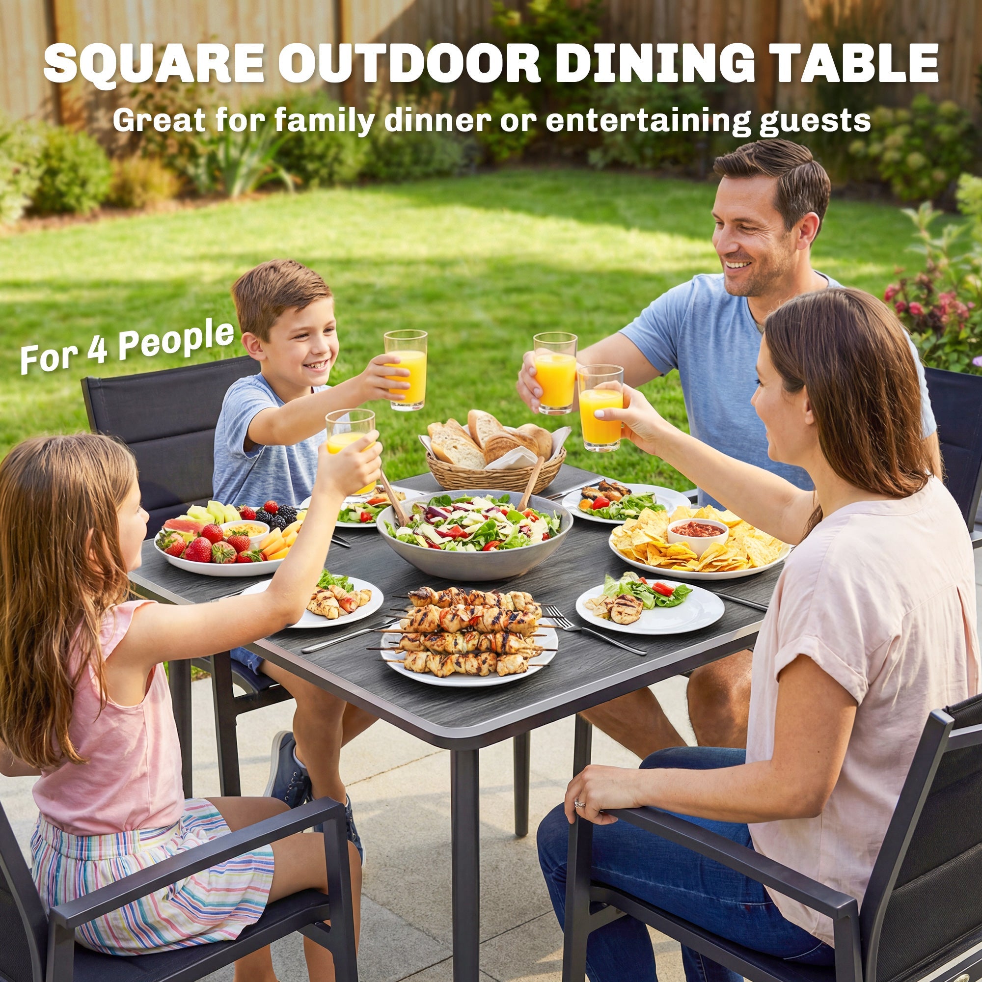 Outsunny Garden Dining Table for 4, 85 cm Square Outdoor Table with Umbrella Hole, Faux Wood Top, Metal Legs, Dark Grey