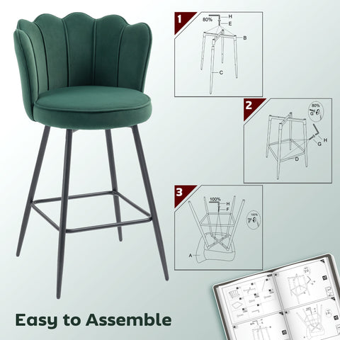 HOMCOM Set of Two Velvet-Feel Lotus Bar Stools - Dark Green