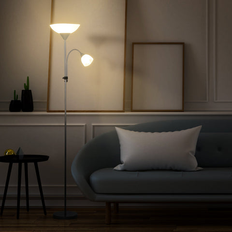 HOMCOM Modern Floor Lamp, Uplighter 2-Light Tall Standing Lamp with Adjustable Heads,  for Living Room, Bedroom, Office