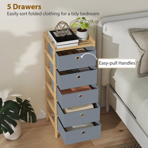 HOMCOM Chest of Drawers, 5 Fabric Drawers Narrow Dresser with Bamboo Frame, Light Grey