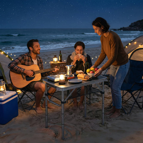 Outsunny 2ft Folding Camping Table, Picnic Table with Mesh Storage Layer, 4 Adjustable Heights and Carrying Handle, Black