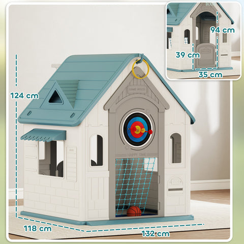 AIYAPLAY 5-in-1 Playhouse for Kids Outdoor Indoor with Basketball Hoop, Football Goal, Dartboard, Ring Toss for 2-5 Years, Beige