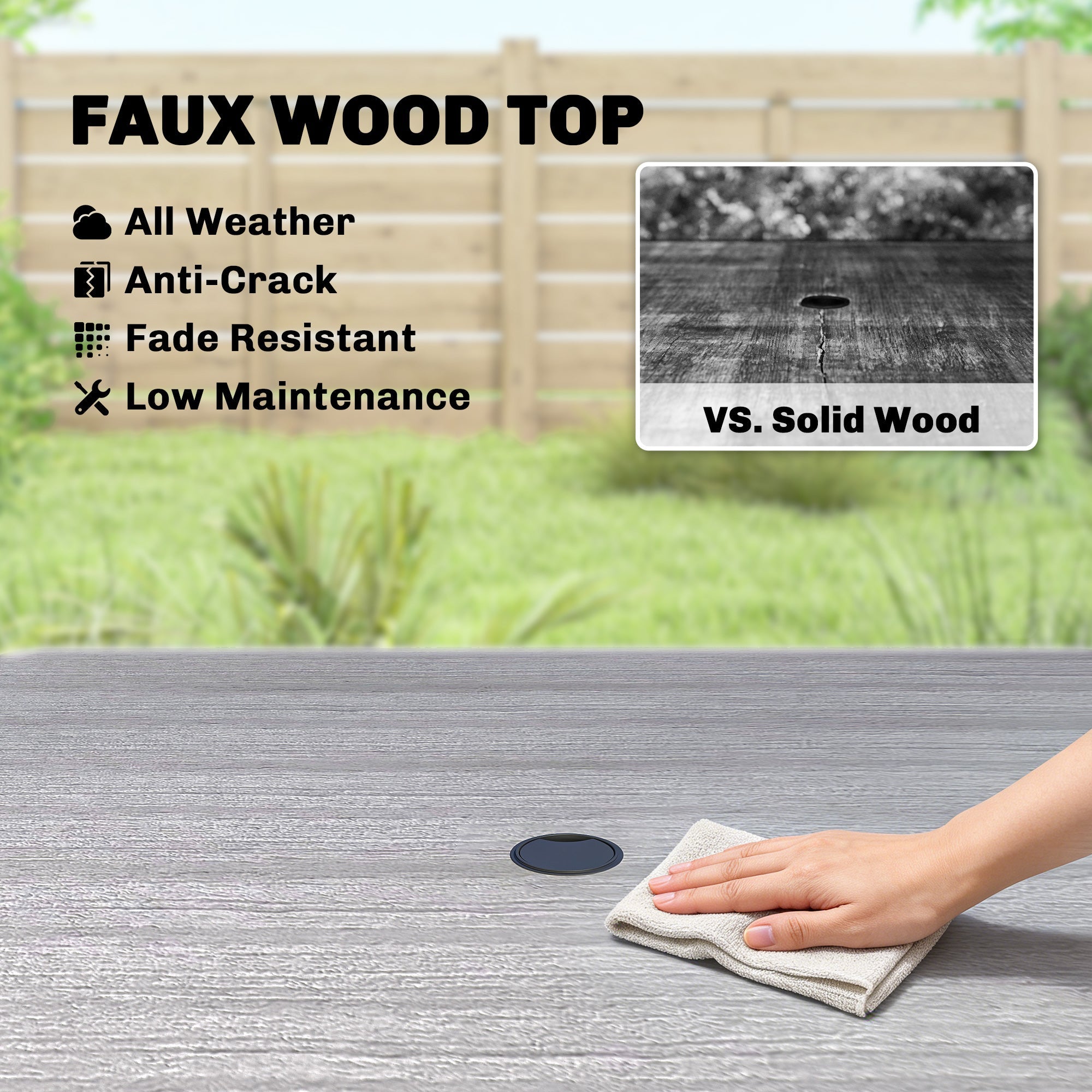 Outsunny Garden Dining Table for 4, 85 cm Square Outdoor Table with Umbrella Hole, Faux Wood Top, Metal Legs, Light Grey
