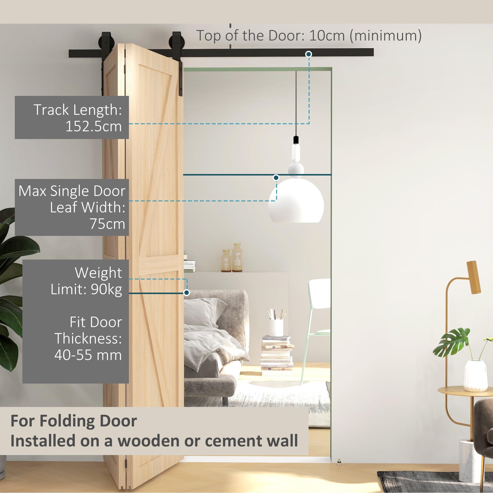 HOMCOM 5ft Bi-Folding Sliding Barn Door Hardware Kit - Black