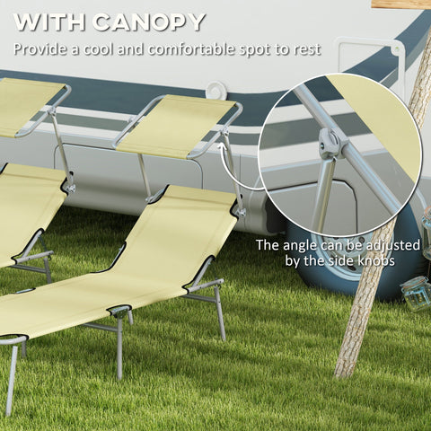Outsunny Outdoor Foldable Sun Lounger Set of 2, 4 Level Adjustable Backrest Reclining Sun Lounger Chair with Angle Adjust Sun Shade Awning for Beach, Garden, Patio, Beige