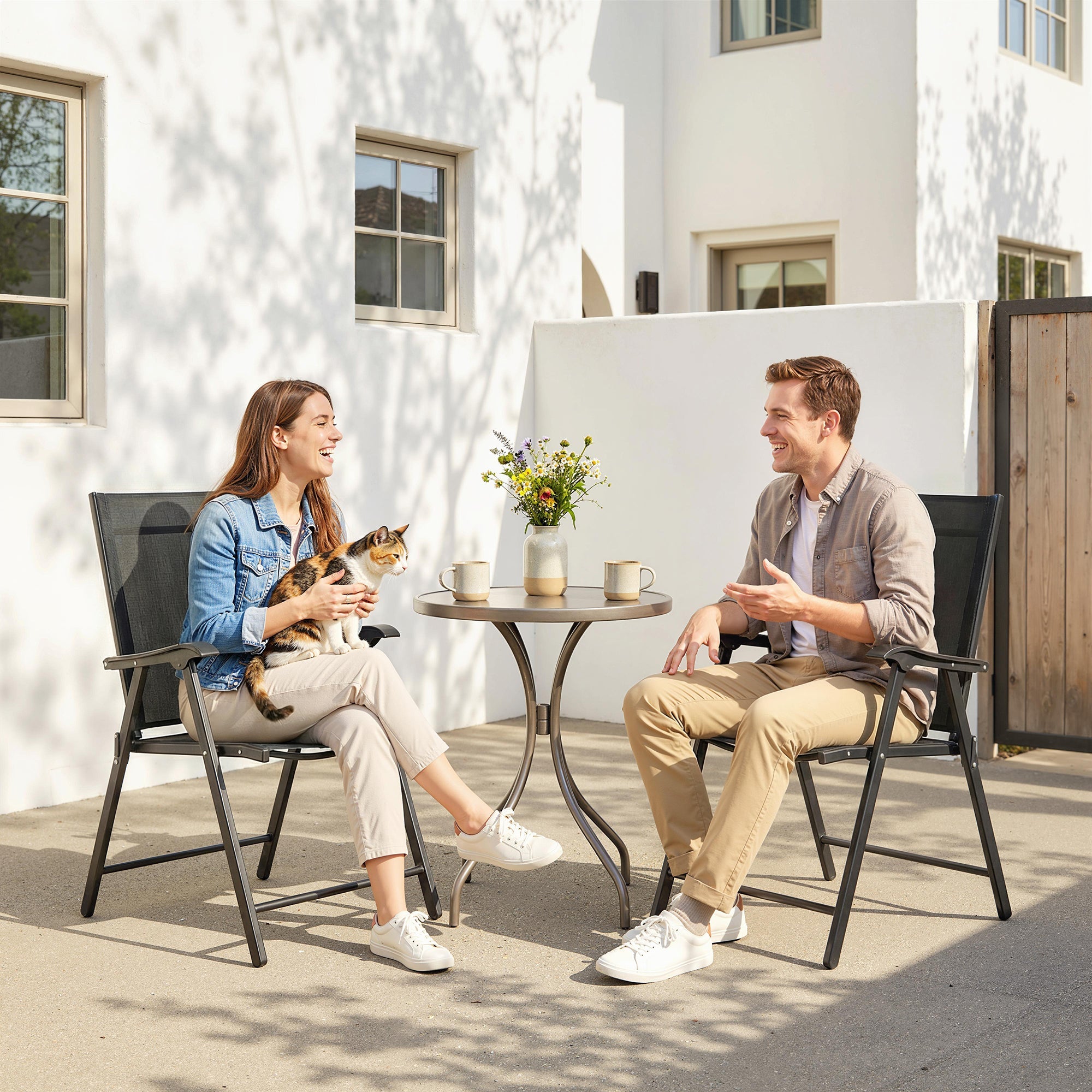 Outsunny Folding Garden Chairs Set of 2, Foldable Garden Dining Chairs with High Back, Armrests, Texteline Seat, Black