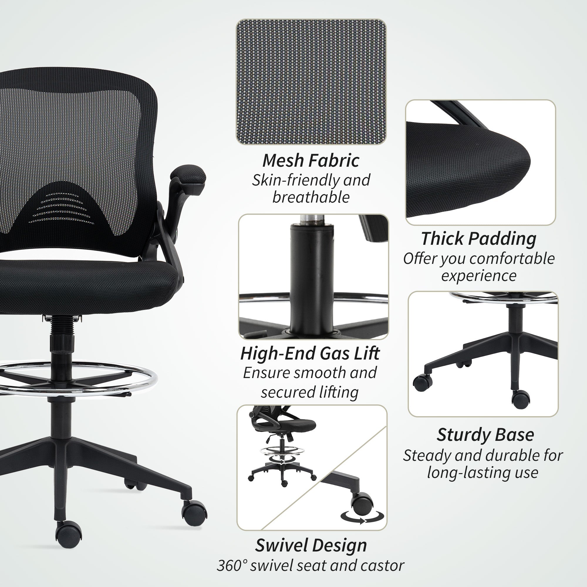 Vinsetto Drafting Chair with Flip-up Armrest, Mesh Office Stool with Foot Ring, 360° Swivel Height Adjustable Chair for Standing Desk, Black