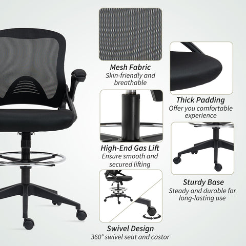 Vinsetto Drafting Chair with Flip-up Armrest, Mesh Office Stool with Foot Ring, 360° Swivel Height Adjustable Chair for Standing Desk, Black