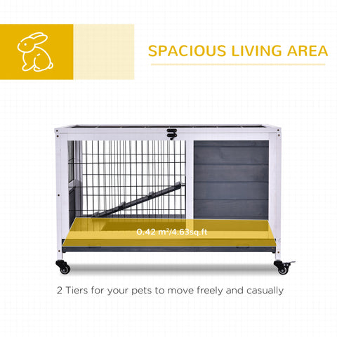 PawHut Wooden Guinea Pig Hutch, 2-Floor Bunny Cage w/ Enclosed Run Area, Grey