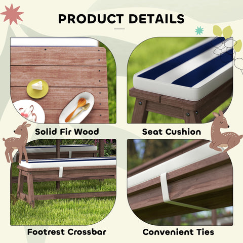 AIYAPLAY Outdoor Wooden Kids Picnic Table & Bench Set with Cushions and Umbrella, for Patio, Garden, Navy Blue