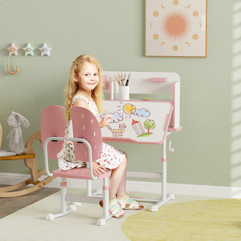 AIYAPLAY Height Adjustable Kids Desk and Chair Set, Children School Study Desk with Tiltable Desktop, Reading Rack,  Pink
