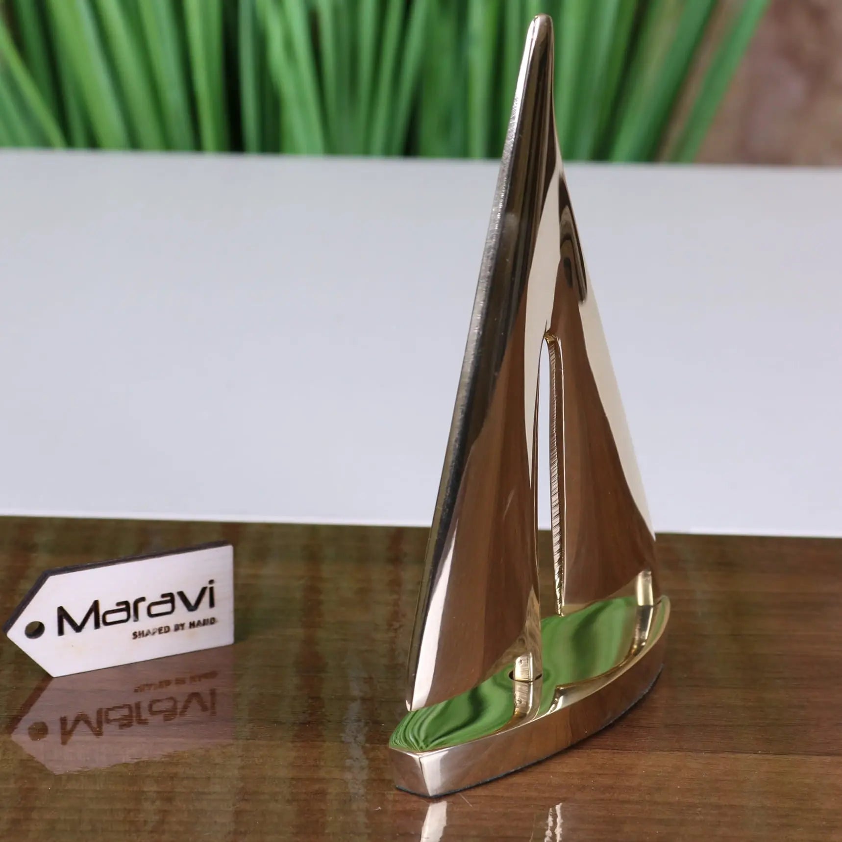 Shiny gold solid brass yacht model sailboat figurine on green fabric base nabha brass yacht ornament