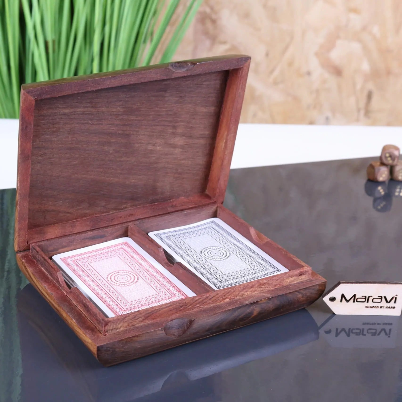 Dark brown wooden playing card box with two decks inside red and black designs perfect for playing card storage