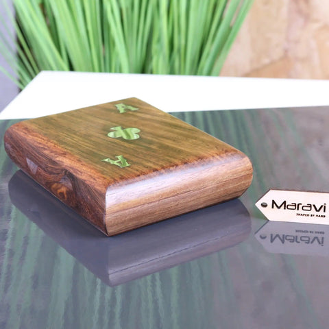 Handcrafted Nadu double wooden playing card box with rich brown finish and green inlaid ace of clubs design