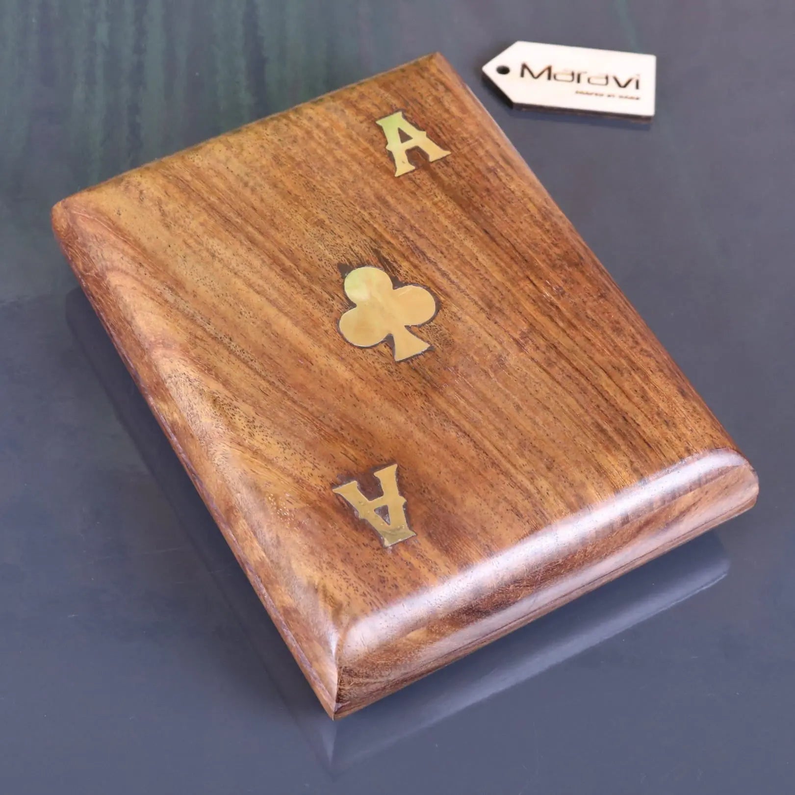 Nadu double wooden playing card box in polished warm brown wood with gold ace of clubs inlay for storing playing cards