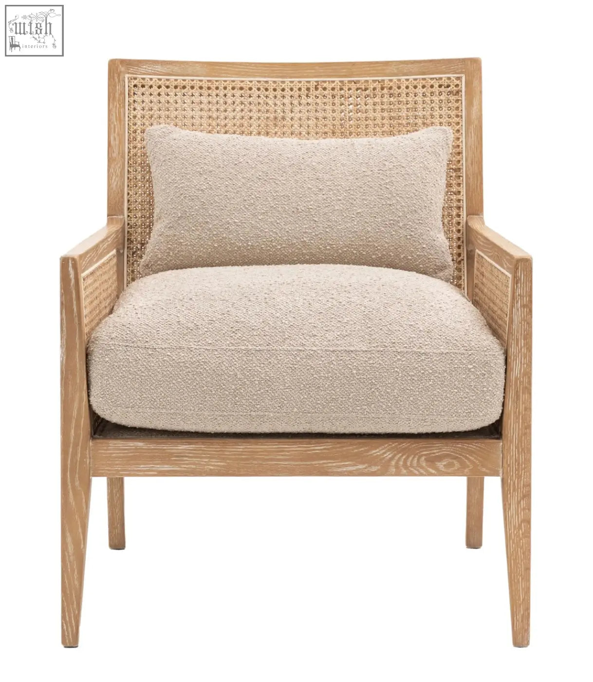 Beige textured fabric nagoya rattan armchair with woven cane back and light wood frame in natural and black colors