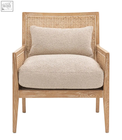Beige textured fabric nagoya rattan armchair with woven cane back and light wood frame in natural and black colors