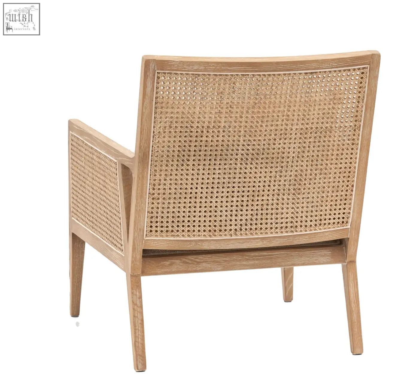 Light oak nagoya rattan armchair with woven cane back and sides in natural and black colors from the back view