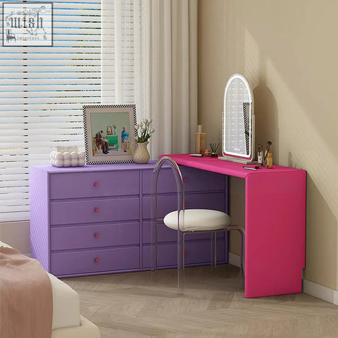 Vibrant pink and purple macaroon nair corner dressing table with built-in led mirror for stylish vanity setup