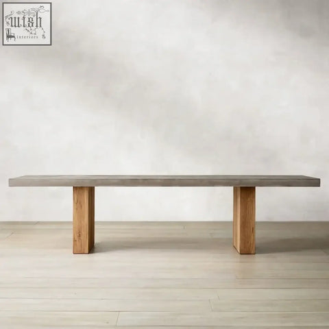 Modern concrete top bench with sturdy wooden legs complementing the nakamura dining table setup