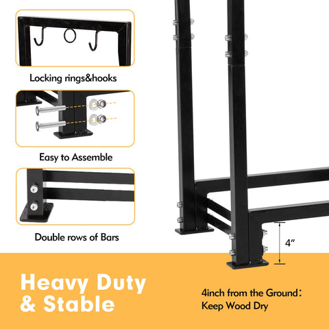 Black metal firewood rack with heavy-duty double bars to prevent tipping includes firewood carry bag and waterproof cover