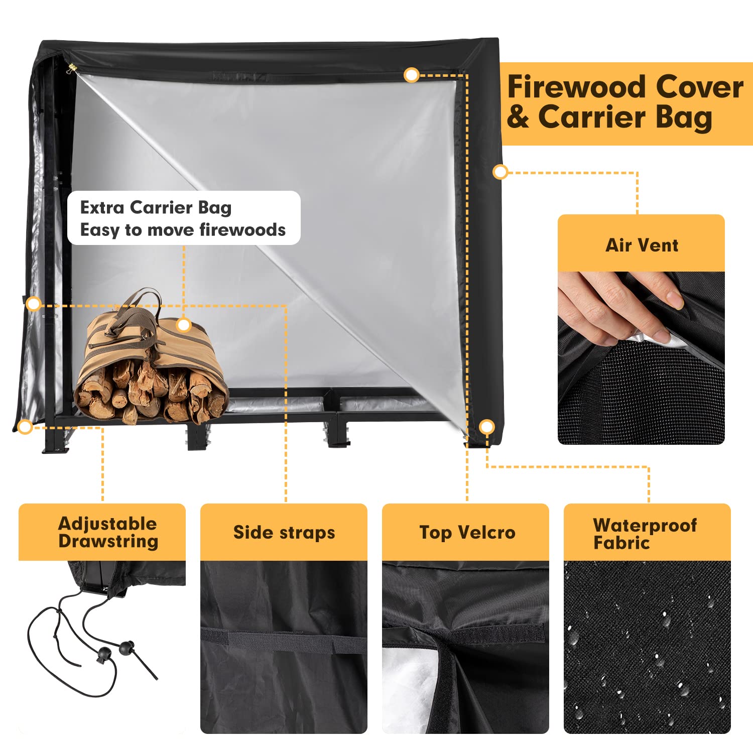 Black waterproof firewood carry bag with adjustable drawstring and velcro closure for NALONE 4ft firewood rack