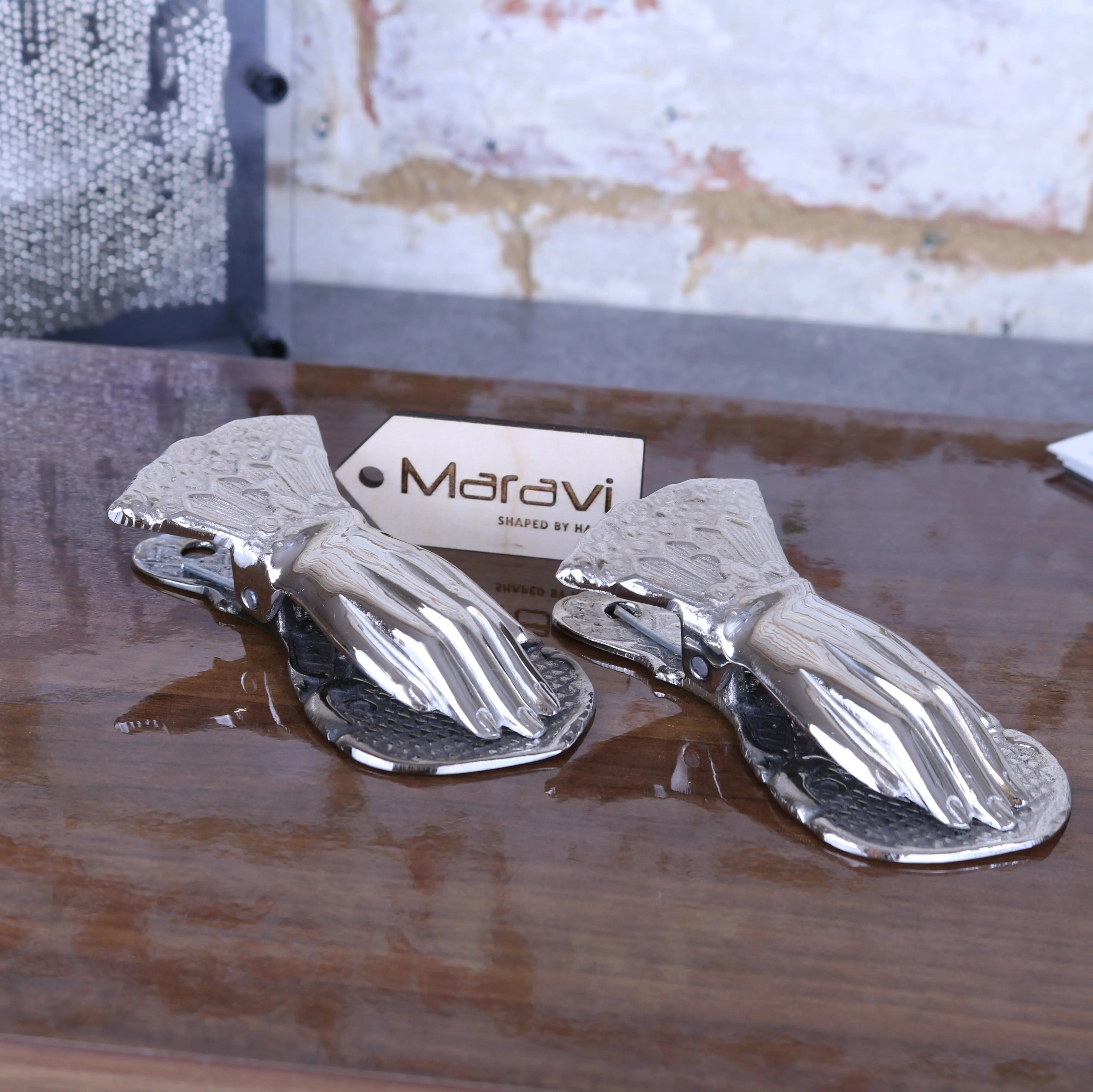 Silver metallic nalot hand shaped luxury paper clips with textured sculpted details polished finish set of 2