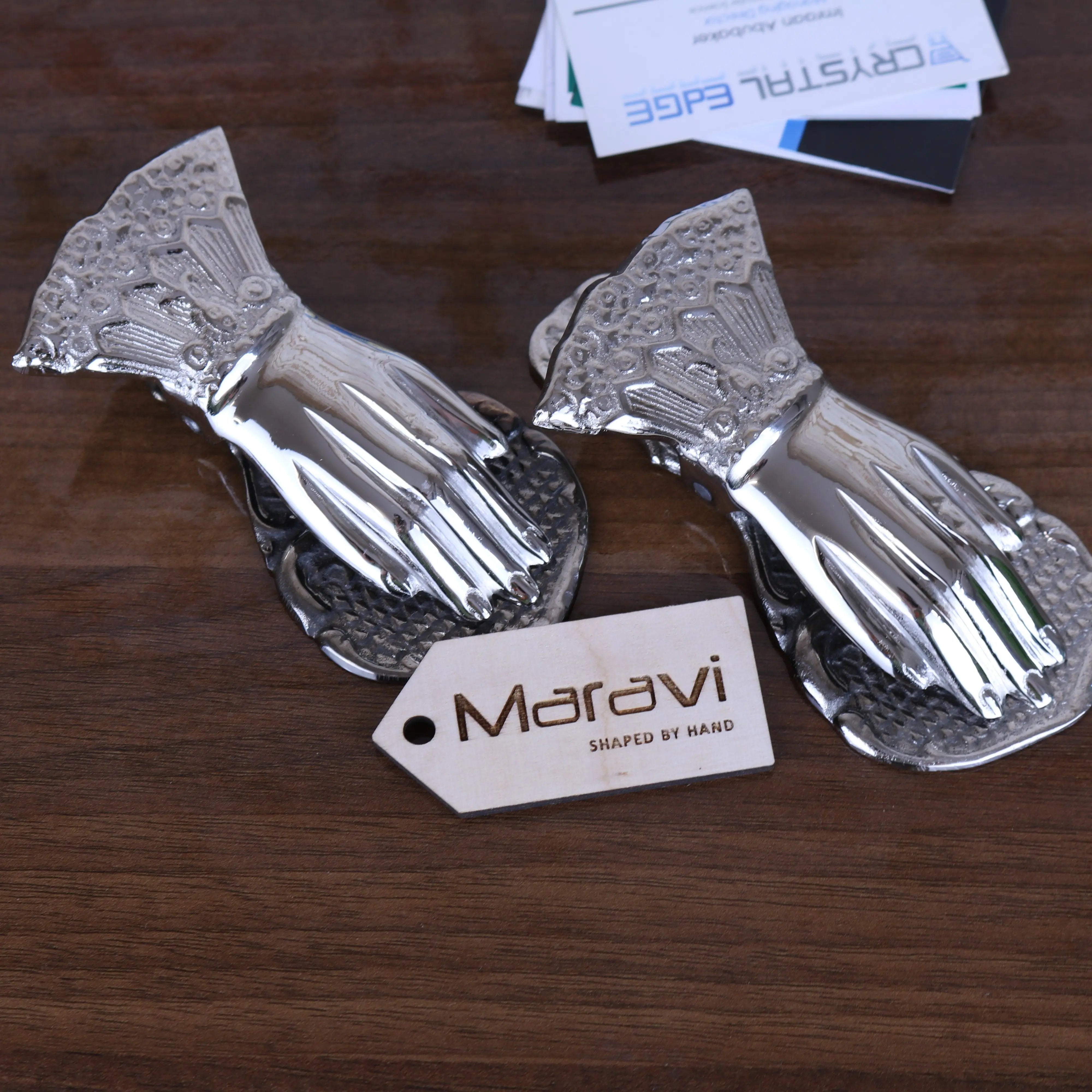 Silver nalot hand shaped paper clip set of 2 with intricate engraved detailing and polished metallic finish