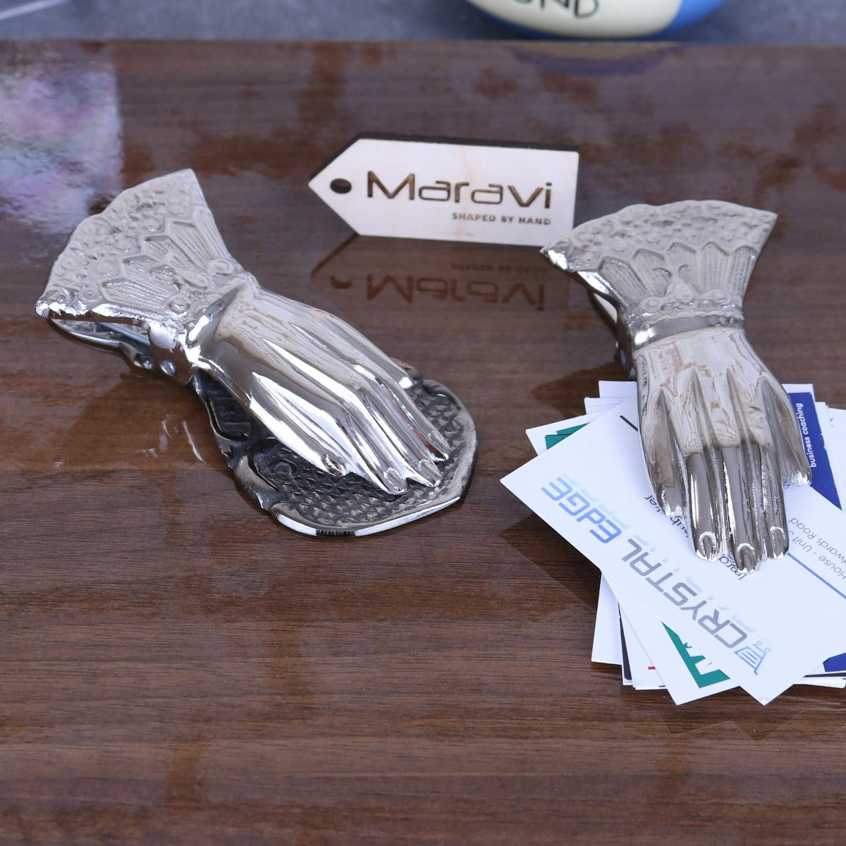 Silver metallic nalot hand shaped luxury paper clip set of 2 with intricate detailing and textured palm design