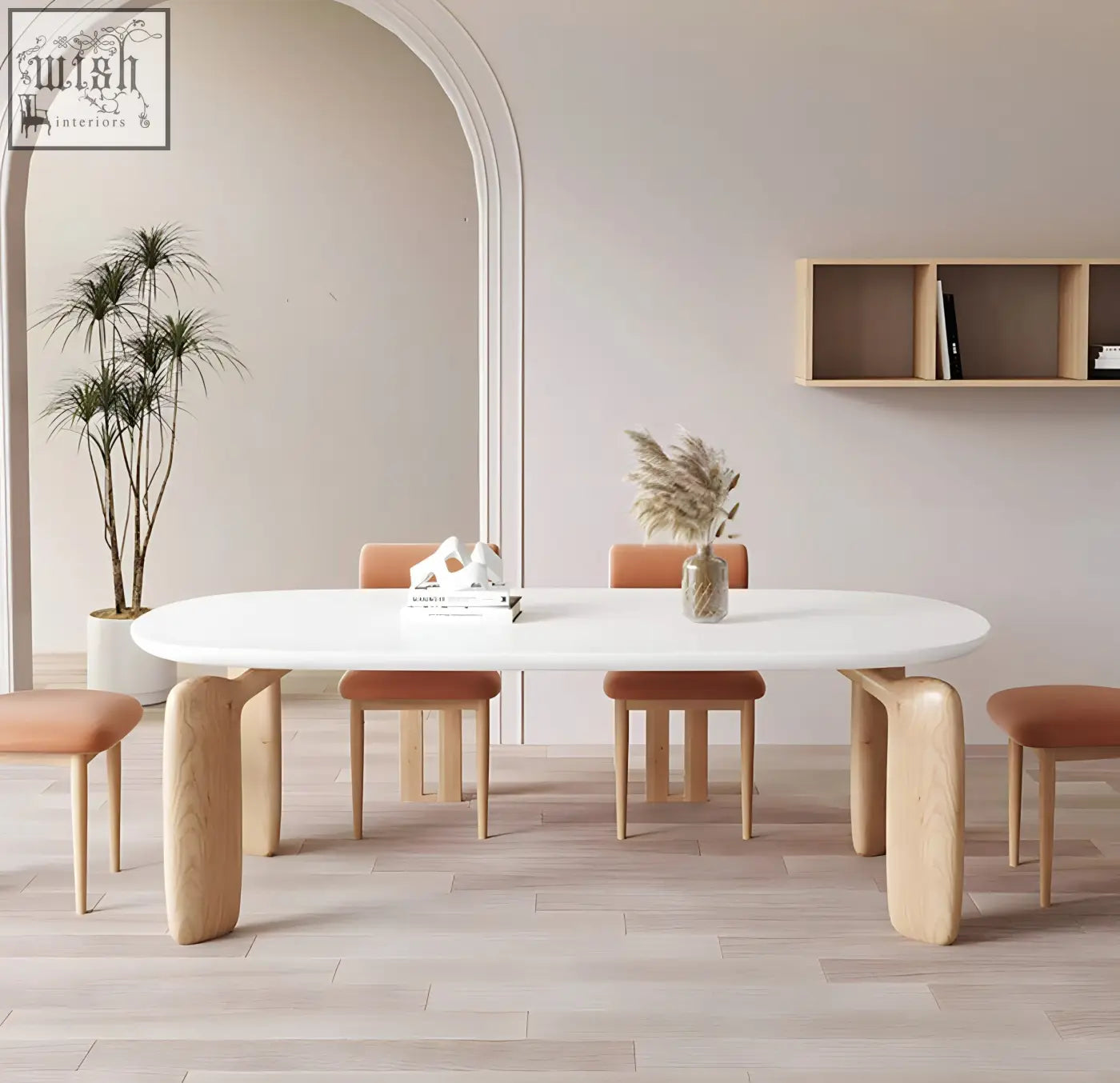 White oval namie dining table with sculpted light wood legs and smooth minimalist surface for modern dining