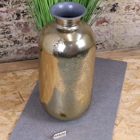 A sleek metallic gold large vase with brushed finish and subtle embossed floral patterns nandgaon elegance design