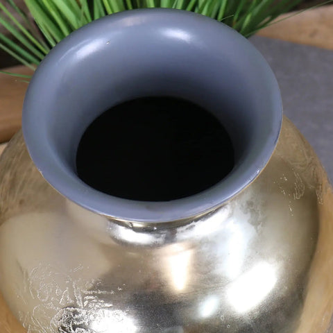 A sleek gold large vase with smooth gray rim and subtle etched design perfect for elegant decor