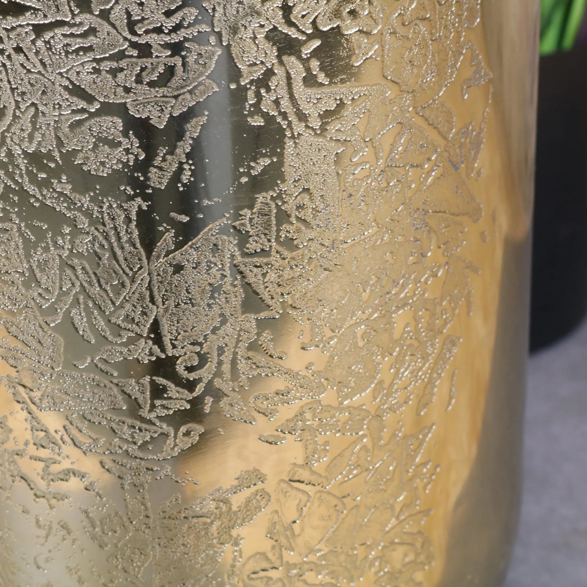 Nandgaon elegance gold large vase made of translucent glass with intricate frosted floral etchings for decor