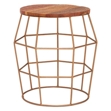Nandri rounded side table with gold-toned iron base and natural recycled wood round top perfect for any room