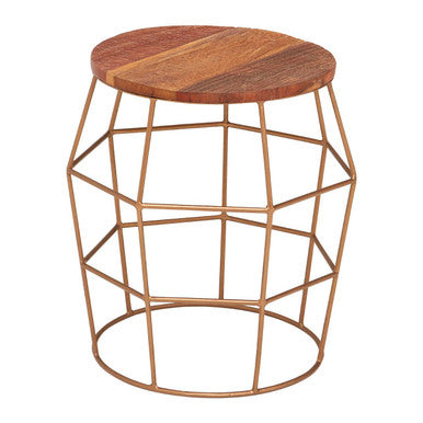 Nandri rounded side table with warm recycled wood top and gold iron base featuring geometric wire design