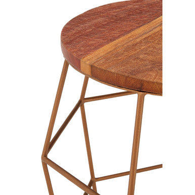 Nandri rounded side table with warm recycled wood top and copper iron base featuring an angular geometric frame