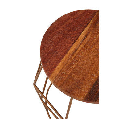 Nandri rounded side table with warm brown recycled wood top and slender iron base for stylish small spaces