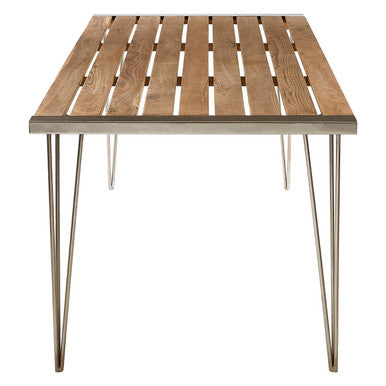 A modern teak wood dining table with light brown slatted top and slender metallic hairpin legs for stylish wood dining