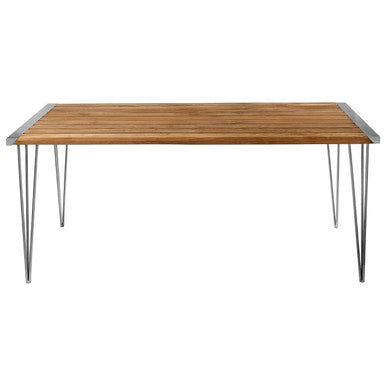 Modern rectangular nandri slatted teak wood dining table with warm wood top and sleek metal hairpin legs for teak wood dining