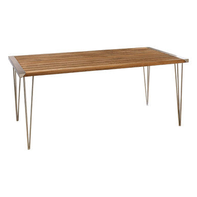 Modern wood dining table with slatted teak wood top and slender metallic hairpin legs perfect for teak wood dining