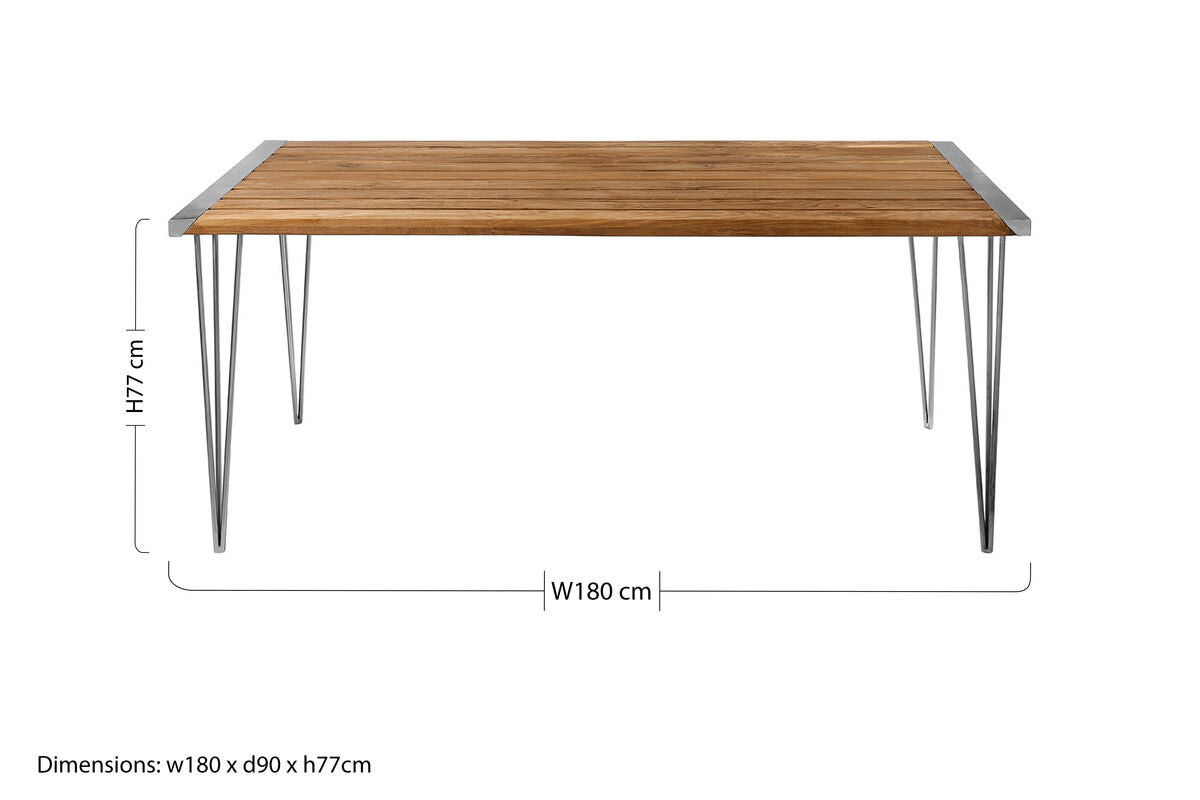 Rectangular nandri slatted teak wood dining table with warm wood top and sleek metal hairpin legs perfect for wood dining