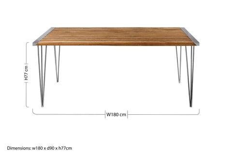 Rectangular nandri slatted teak wood dining table with warm wood top and sleek metal hairpin legs perfect for wood dining