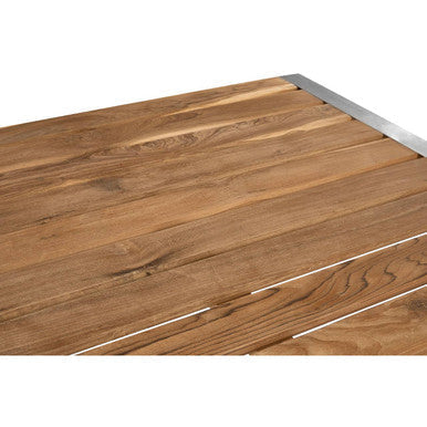 Nandri slatted teak wood dining table with natural brown finish wood dining table framed by silver metal edges