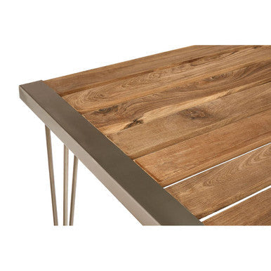 Wood dining table with natural brown finish metal frame made of teak wood perfect for teak wood dining rooms