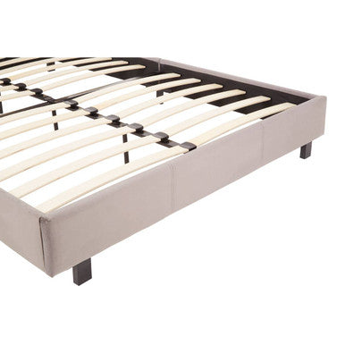 Beige upholstered napoli grey king bed with black metal legs and white slats featuring a sturdy grey king bed frame