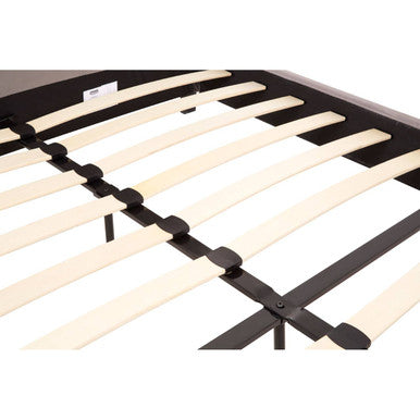Black metal grey king bed frame with light-colored wooden slats for the napoli grey king bed