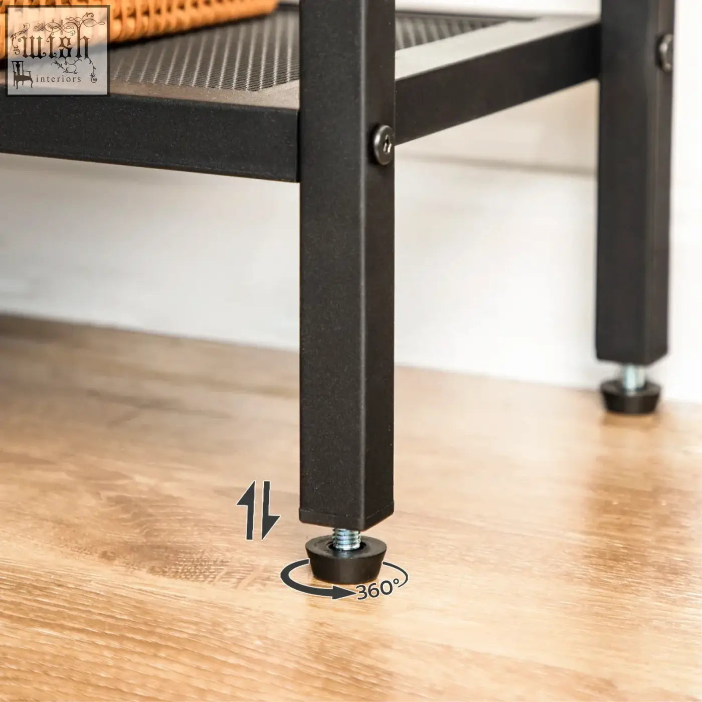 Black adjustable leveling foot with 360-degree rotating base for stable placement on narrow entryway console table with antique appearance