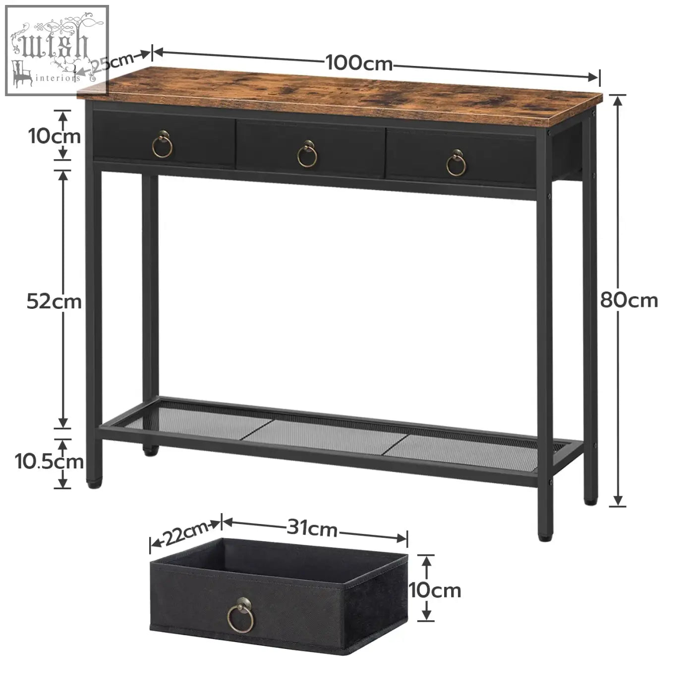 Narrow entryway console table with black metal frame, rustic brown wooden top, and three drawers with ring handles for antique appearance