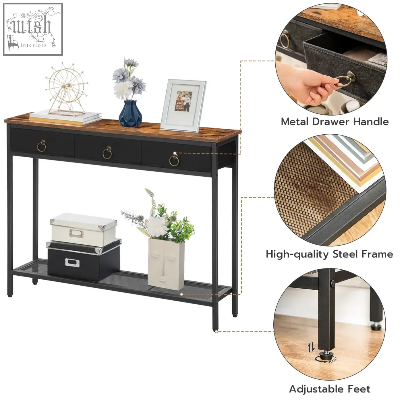 Narrow entryway console table in black with rustic wood top and metal drawer handles for an antique appearance